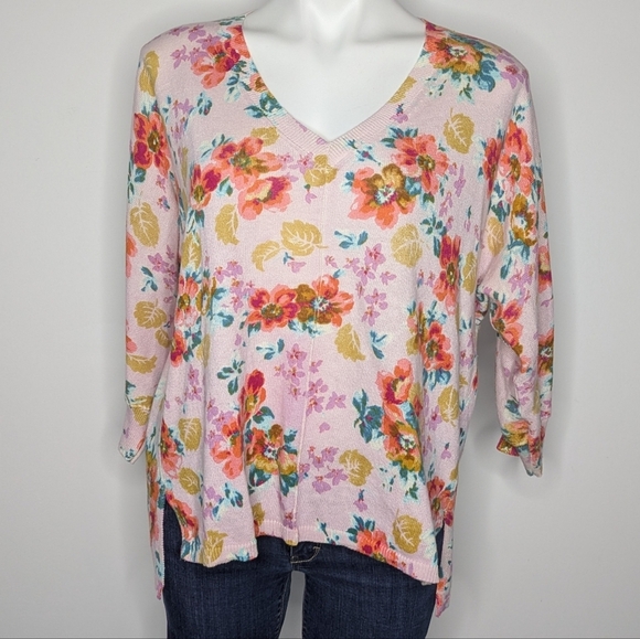 Sundance Sweaters - Sundance Pink Yellow Floral Lightweight Cotton V Neck Sweater M